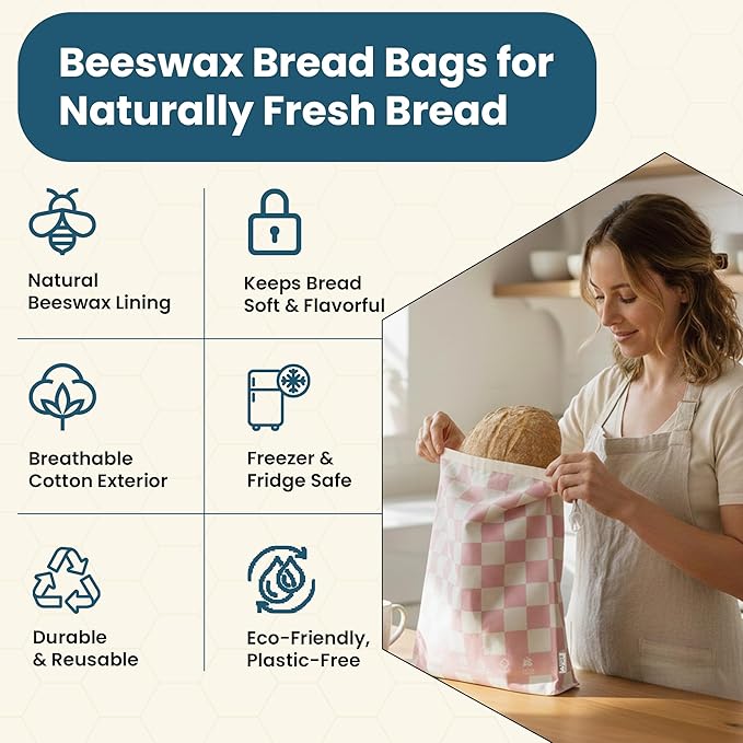 Buzzy Bags 3-Pack Reusable Beeswax Bread Bags (XL, M, S) - Organic Cotton Beeswax Bread Storage Bag for Homemade Bread & Sourdough Freezer-Safe, Breathable & Freshness Support - Eco-Friendly Bread Bag