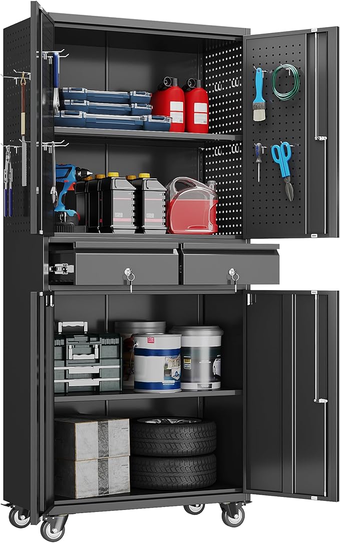 Metal Garage Storage Cabinet with 2 Drawers and 2 Adjustable Shelves, Rolling Tool Storage Cabinet with Wheels and Locking Doors for Garage, Warehouse, Black, Assembly Required