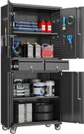 Metal Garage Storage Cabinet with 2 Drawers and 2 Adjustable Shelves, Rolling Tool Storage Cabinet with Wheels and Locking Doors for Garage, Warehouse, Black, Assembly Required