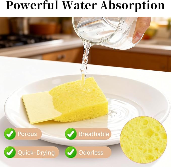 Mkobon 6 Pcs Kitchen Sponges for Dishes Cleaning, Non Scratch for Non Stick Cookware, Compressed Natural Cellulose Sponges, Dish Washing Scrubbers, Scrubbing Pads for Household, Bathroom (Yellow)
