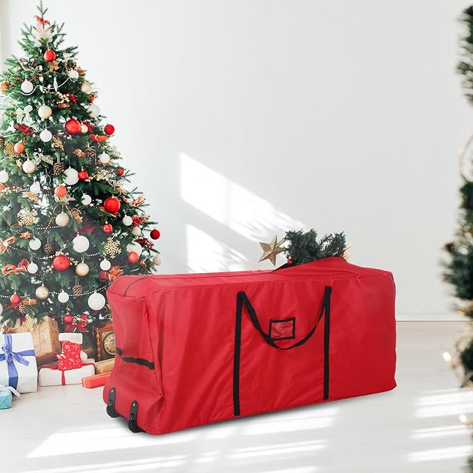 7.5 Ft Heavy Duty Christmas Tree Storage Bag 900d Oxford Fabric with Wheels and Reinforced Handles, Durable Xmas Storage Box for Disassembled Holiday Tree (7.5 ft,Red)