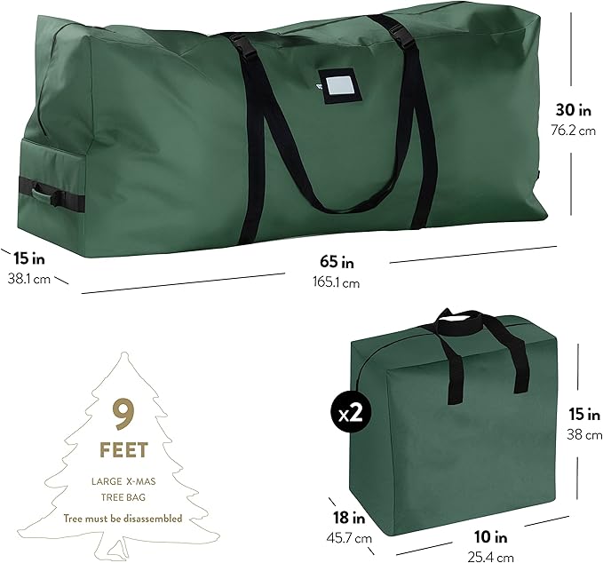 ZOBER Christmas Tree Storage Bag - With 2 Ornaments Accessories/Garland Bags - Fits 9 Ft Trees - 600D Oxford Fabric Christmas Tree Bag For Storage Box For Xmas - Strong, Durable Handles - Green