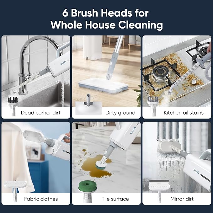 Seyola Steam Mop for Floor Cleaning, Steam Cleaner for Home with Handheld 6-in-1 Multi-function Attachments for Hardwood Floors, Clothes, Windows, Tiles Grout, Furniture Cleaning (White-Gray)