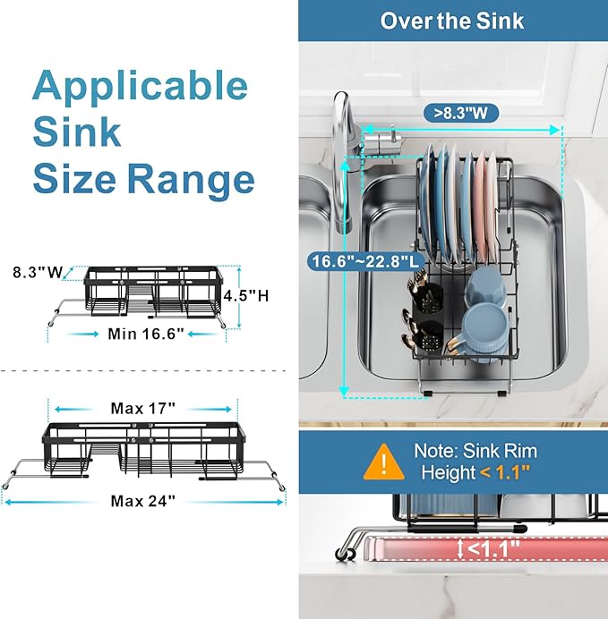 iSPECLE Small Sink Dish Drying Rack, Expandable Narrow Rust Resistant Dish Drainer for RV Apartment Kitchen, Dish Rack with Tightening Knob, Arms with Non Slip Rubber, 8.3" W x 16.6"-24" L, Black