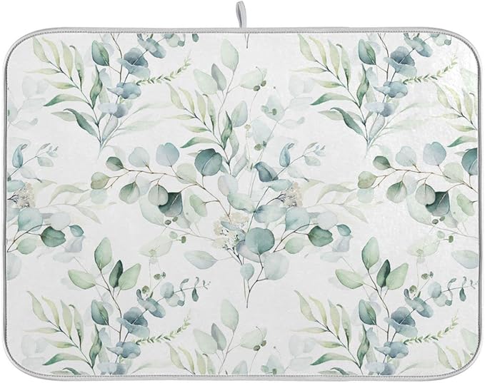 Green Leaves Dish Drying Mat for Kitchen Counter Herb Plant White Drying Mats Super Absorbent Reversible Microfiber Kitchen Countertop Protector Dishes Pad Large 18x24 inch