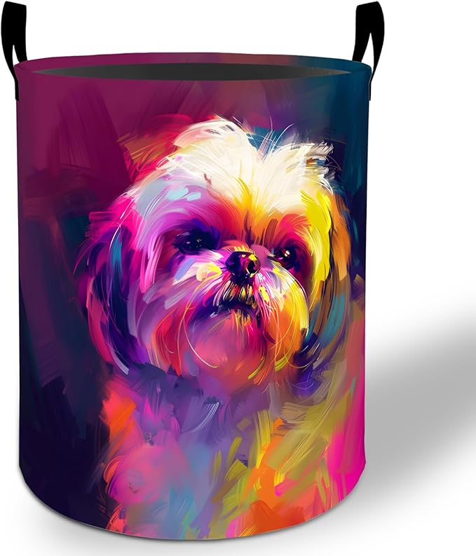 Colorful Shih Tzu Dog Laundry Basket Hamper 19.7"x15.8", Puppy Foldable Waterproof Oxford Clothes Storage Bucket for Room Bathroom Bedroom Nursery Decor, Toy Organizer Bins Gifts for Kids Boys Girls