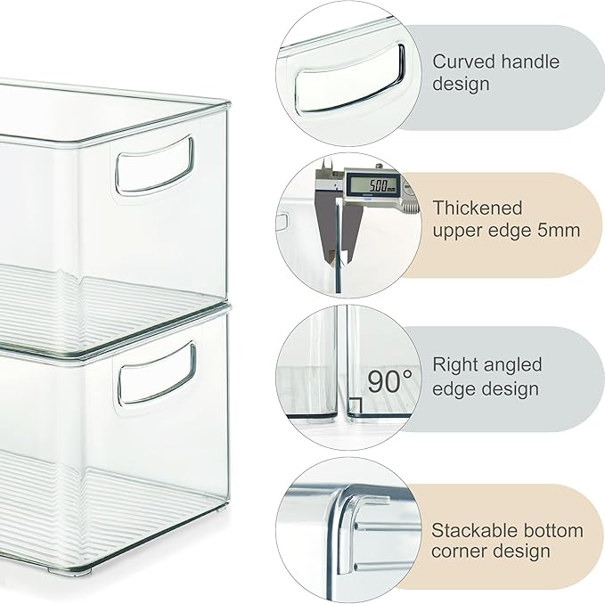 Heyuzb 2 Pack Clear Freezer Organizer Bins Stackable Storage Bins with Side Handles for Kitchen Pantry Cabinet Organzation and Storage