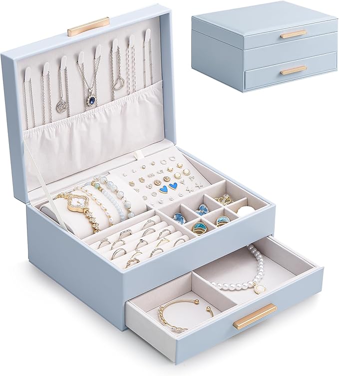Lolalet 2-Layer Jewelry Boxes Organizer for Women Girls, Jewelry Storage Case Holder with Drawers for Necklaces Rings Earrings Bracelets Watches, Gifts Choice for Girlfriend Wife -Blue