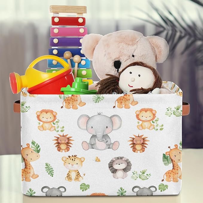 Cartoon Animal Storage Basket for Shelves, Storage Bins with Handles, Collapsible Basket for Organizing, Closet Toy Baskets for Nursery Room, 15x11x9.5 in, Canvas, Woodland Animals