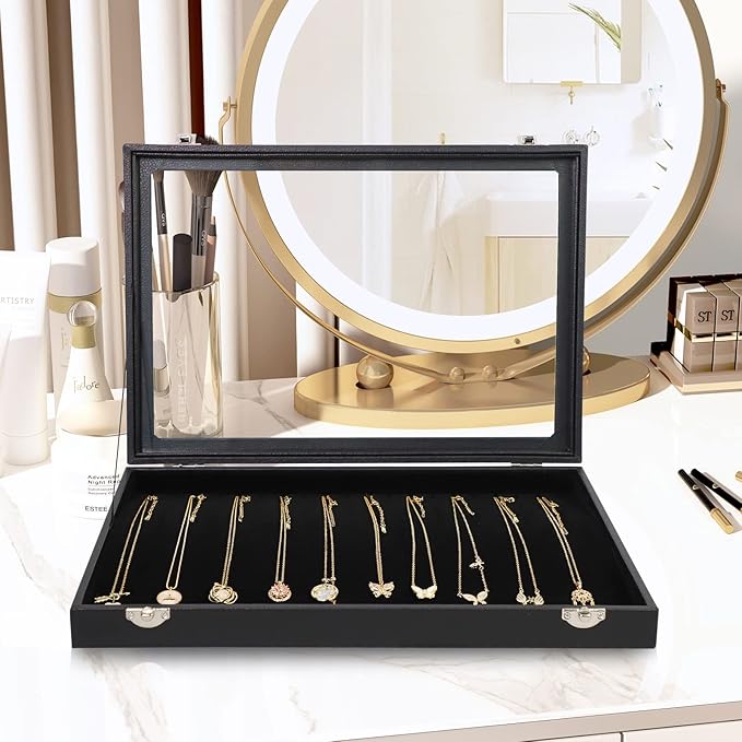 Wudygirl Necklace Organizer 20 Hooks Jewelry Organizer Jewelry Display Stackable Glass Top Lockable Black Velvet Boxes(Necklace Tray)