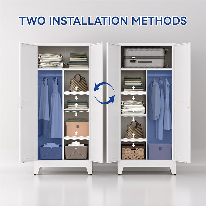 COFaR Metal Wardrobe Closet, Bedroom Armoire with Adjustable Hanging Rod and Shelves, Farmhouse Broom Closet Storage Cabinet for Garage Laundry Office, Roperos para Guardar Ropa, 71'' Tall White