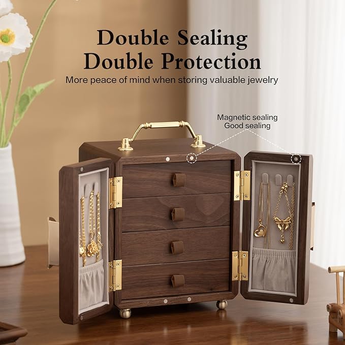 Black Walnut Jewelry Organizer, Wooden Jewelry Box with Gold Handle & Mirrored Flowers, 4 Layers of Storage | Perfect for Anniversaries, Birthdays, Weddings (Brown, 6.29"D x 5.9"W x 7.08"H)