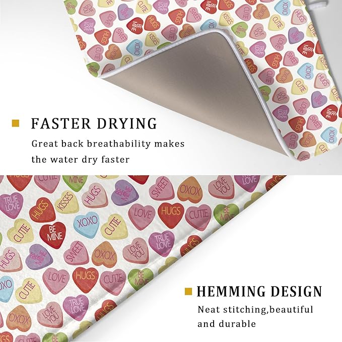 Valentine’s Day Dish Drying Mat for Kitchen Counter 24x18 Inch Colorful Love Drying Mat with Absorbent Reversible Microfiber Holiday Dish Drainer Mats Rack Pad for Coffee Countertop Protector