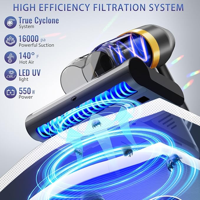 HYNSEN Mattress Vacuum Cleaner, Bed Vacuum Cleaner with UV & Ultrasonic, 16Kpa Suction Handheld Bed Vacuums with High Heating Tech, Effectively Clean Up Bed, Pillows, Sofas, Carpets, 550W