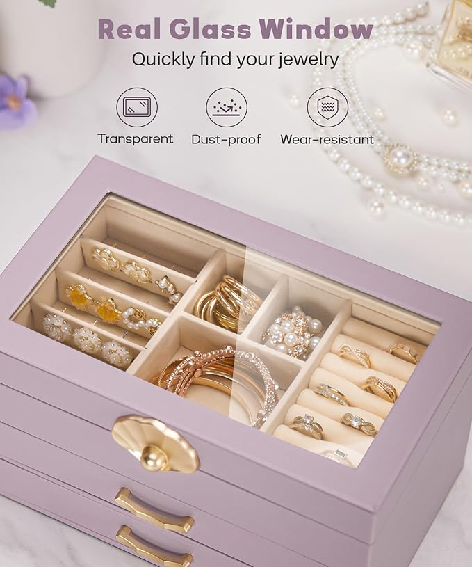 Jewelry Box with 2 Drawers: Jewelry Display Organizer for Earrings Necklaces - Gifts for Girls Women (Grey Purple)