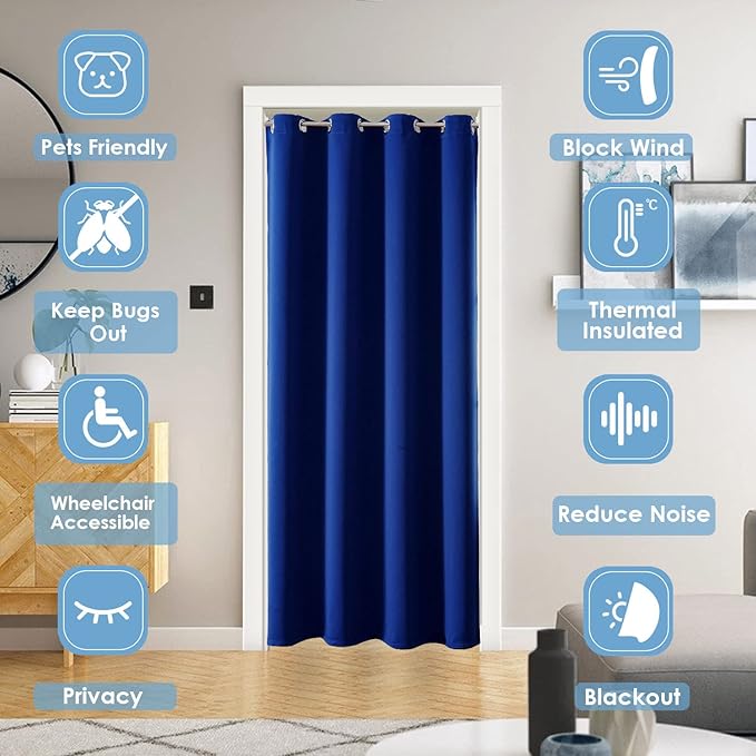 ChrisDowa Blackout Door Curtains for Doorway Privacy, Grommet Closet Curtains for bedroom closet door, Thermal Insulated Temporary Doorway Cover Room Divider Drapes (1 Panel, Royal Blue, 42 x 80 Inch)