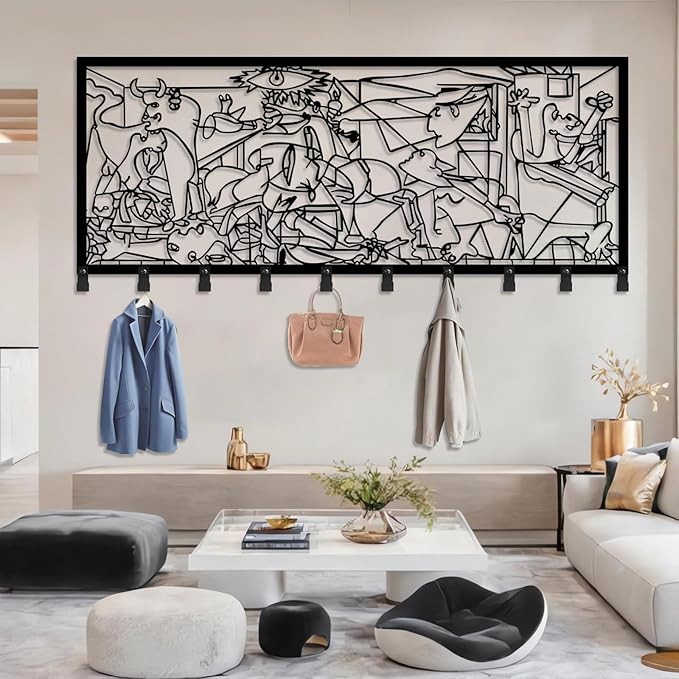 Picasso Guernica Metal Wall Coat Rack, Picasso Guernica Coat Rack Wall Mount, Abstract Hat Rack for Wall, Abstract Metal Wall Mount, Home Storage Hooks (Black, 12"X30"|30x76cm)