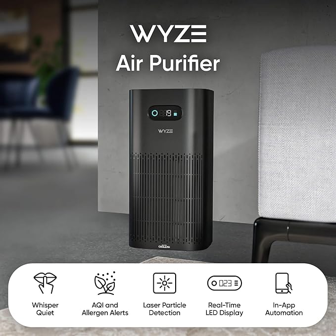 Wyze Air Purifier with Allergen Filter(Standard), for Home Large Room, HEPA 13, 21db Quiet Sleep Mode, 550 sq ft, Remove 99.97% Pet Hair, Pollen, Dust, Dander, Smoke, Smart WiFi Alexa Google, Black
