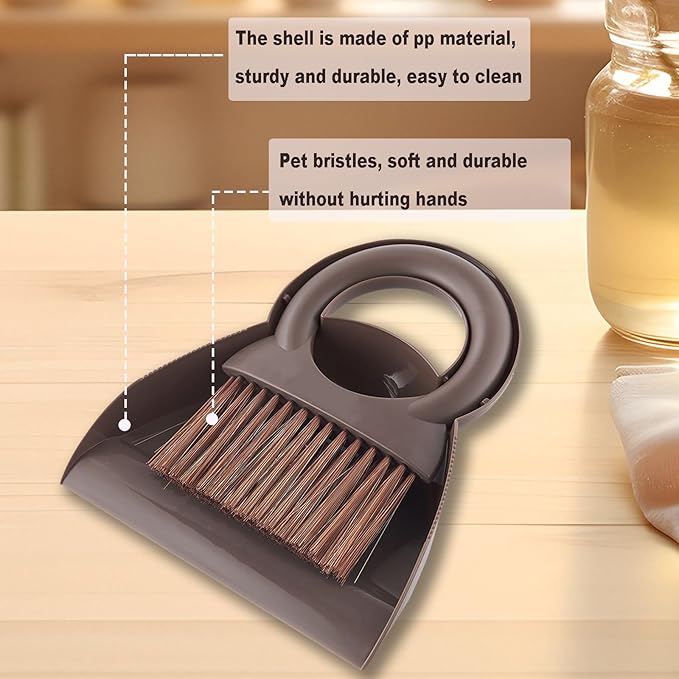 Round Handle Brush and Dustpan Set Small Broom & Dustpan Portable Handheld Sweeper for Desktop Sofa Floor Pet Nest (Coffee)