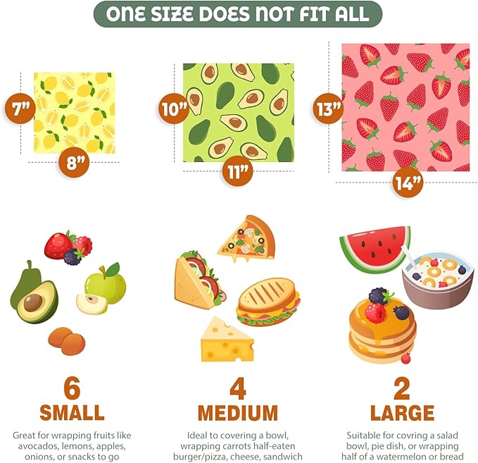 Akeeko Reusable Beeswax Food Wraps - Assorted 12 Pack, Reusable, Plastic-Free Food Storage, Sustainable Gifts, 3 Sizes (6S,4M,2L)