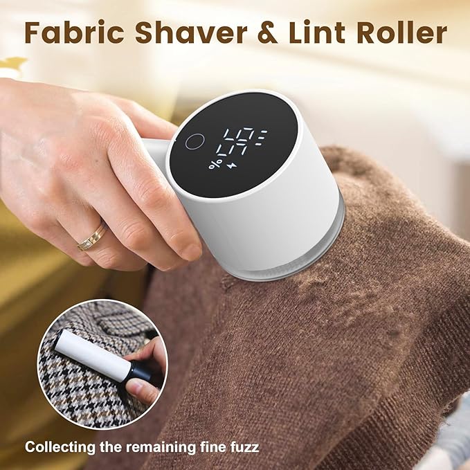 Lentorgi Fabric Shaver Electric Fuzz Remover, 2 in 1 Rechargeable Sweater Shaver with Lint Roller, Magnetic Cap, Digital Display, 2 Extra Blades, Defuzzer for Clothing Furniture Couch - White