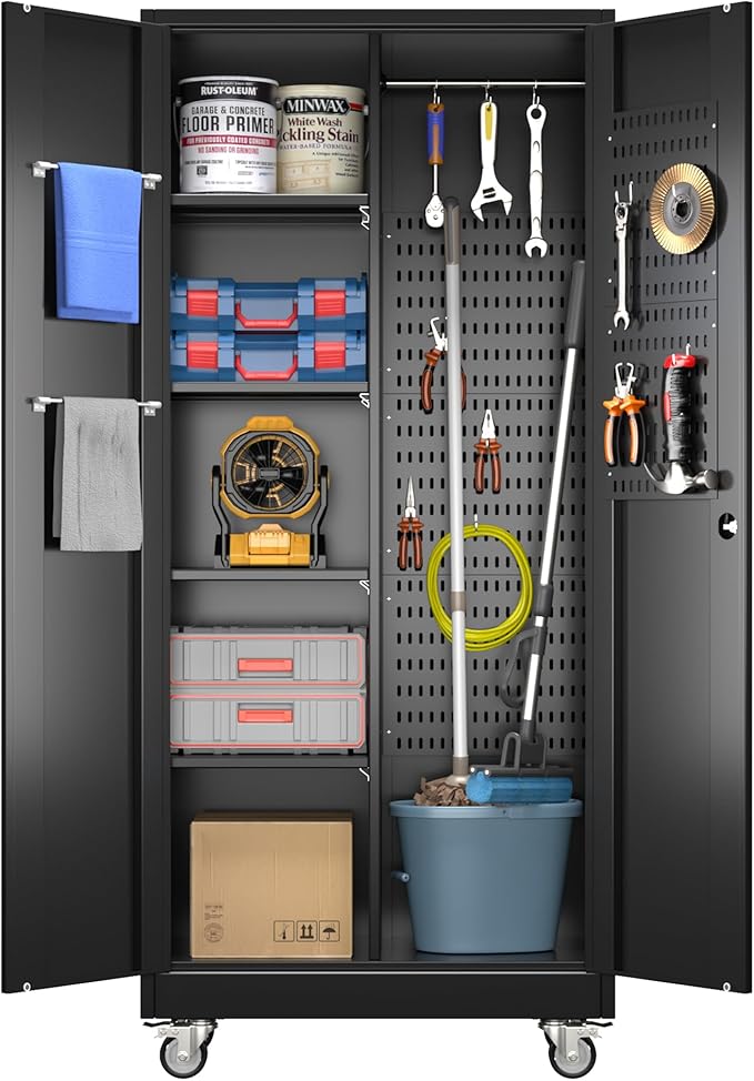 Garage Storage Cabinet with Wheels and 5 Pegboard, Broom Closet Storage Cabinet with Hanging Rod and 13 Hooks, Metal Cabinets with 4 Shelves for Garage, Home, 71"H x 31.5"W x 15.75"D, Black