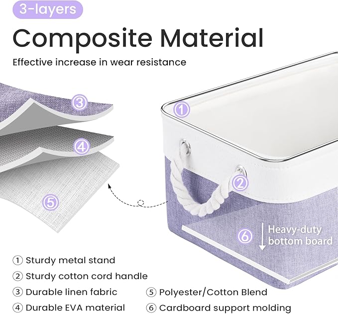 Storage Baskets for Shelves 13.8x9.8x6.7 Inch, Foldable Fabric Storage Bins with Handles, Small Storage Baskets for Organizing Closet, Office, Home Organization (3-Pack, White&Purple)