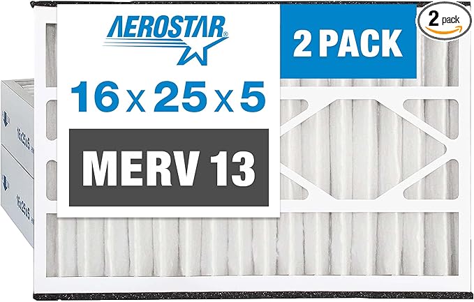 Aerostar 16x25x5 MERV 13-2 Count - Pleated Furnace & Air Conditioner Filters - Removes Bacteria, Dust, Cold & Flu Germs, Lint, Mold, Pet Dander, Allergy-Causing Pollen, Smog, Smoke & Viruses