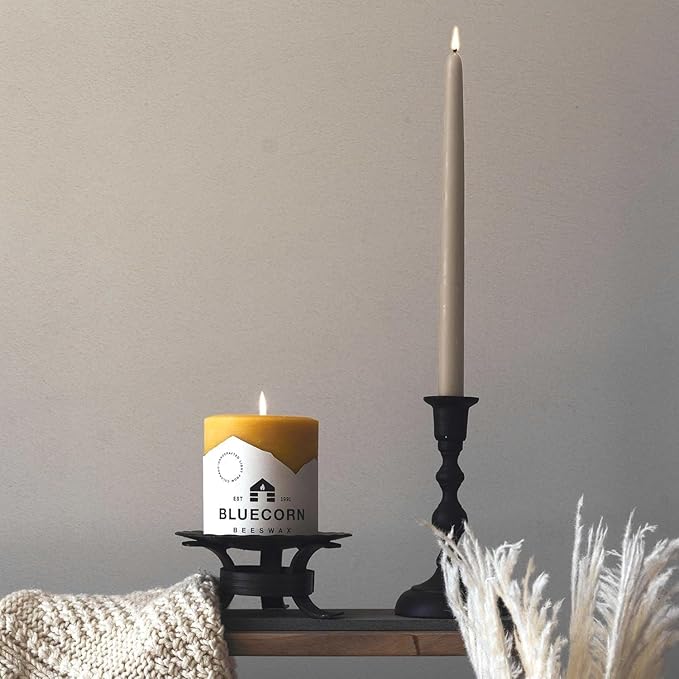 Bluecorn Beeswax Taper Candles, 100% Pure Natural Bees Wax, 12 Inch Pair, Grey Candlesticks, Unscented, Clean Burning & Dripless, Long Lasting, Thanksgiving & Christmas Decor, American Made, 1 Count