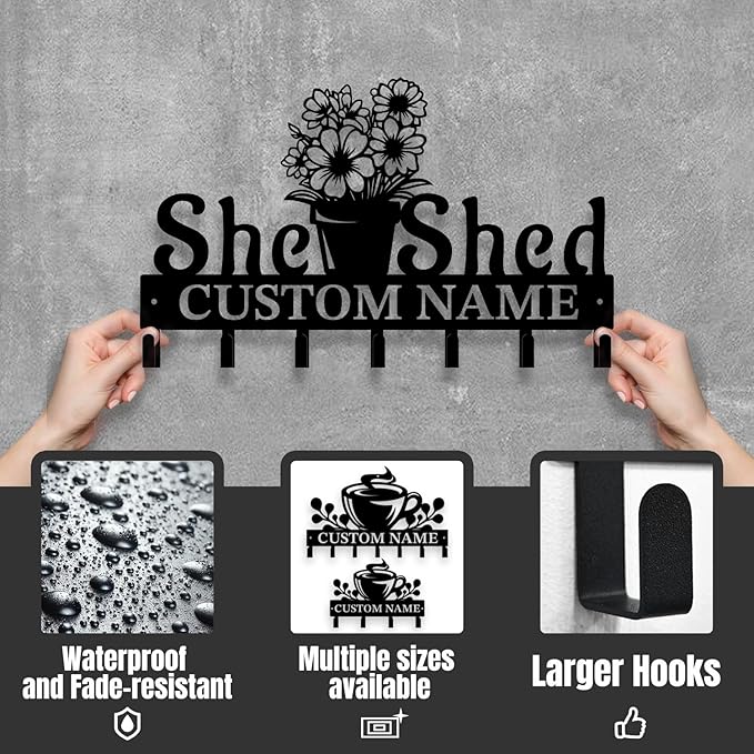 Personalized She Shed Metal Keys Hooks,Custom Name Metal She Shed Keys Hooks,Black Metal She Shed Wall Home Storage Decorative Keys Hooks,Key Holder Hooks for Wall (Style J)
