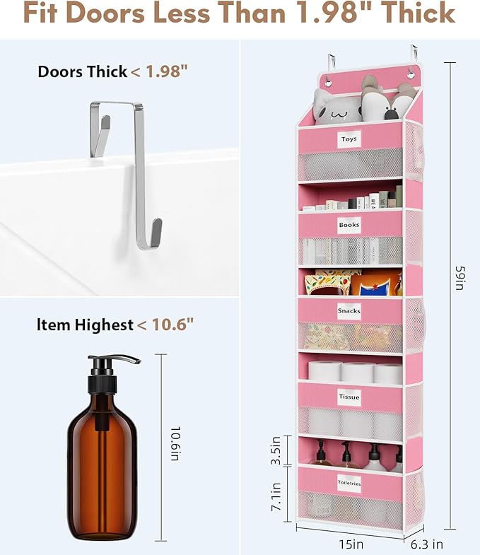 Optish Over The Door Organizer Hanging, 5 Shelf Behind The Doors Storage, Pantry Door Organizer, Closet Organizers for Bedroom and Nursery (Pink)