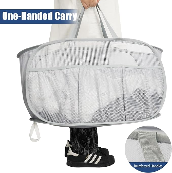 2 Pack Collapsible Laundry Baskets, Upgrade Pop Up Laundry Hamper with Convenient Bags, Foldable Laundry Basket Mesh Light Weight, Easy to Carry Clothes Hampers for Laundry, Dorm, Toys, Travel Grey