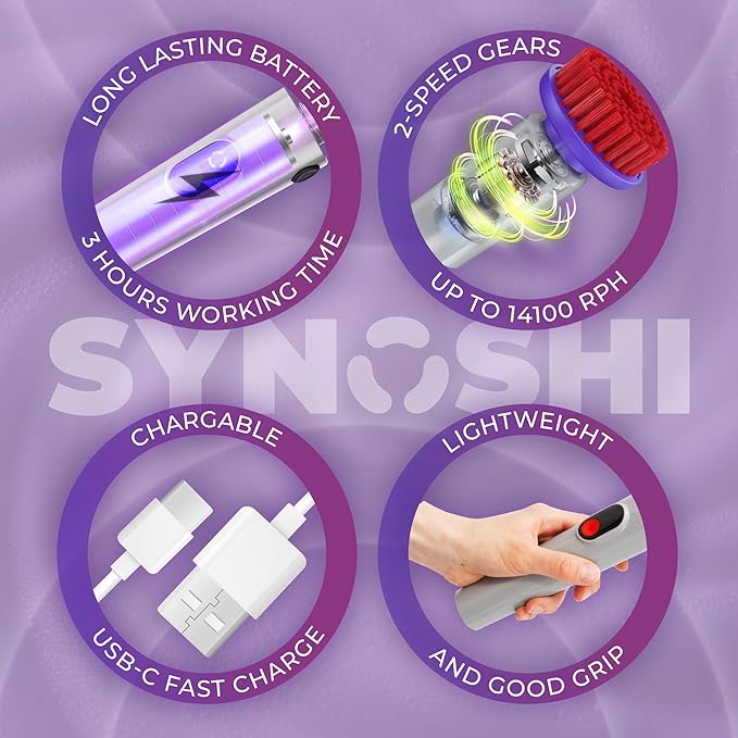 SYNOSHI PRO Electric Spin Scrubber, Cordless Cleaning Brush Bathroom Scrubber. Waterproof Shower Cleaner Brush with Adjustable Angles, 2 Speed, 180Min Work Time for Floor, Bathtub, Kitchen, Car, Tub