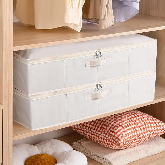 YheenLf Under Bed Storage Container, Clothes Organizer with Handles, Foldable Storage Bin With Lid, Beige, 1 Pack, 23.6 x 11.8 x 5.9 Inch
