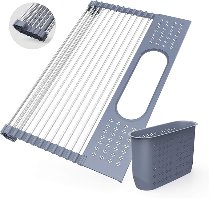 LEMIKKLE 20" x 15.2" Roll Up Dish Drying Rack Over The Sink Dish Drying Rack,Multi-Purpose Kitchen Rolling Dish Drainer Foldable SUS304 Stainless Steel Dish Drying Rack