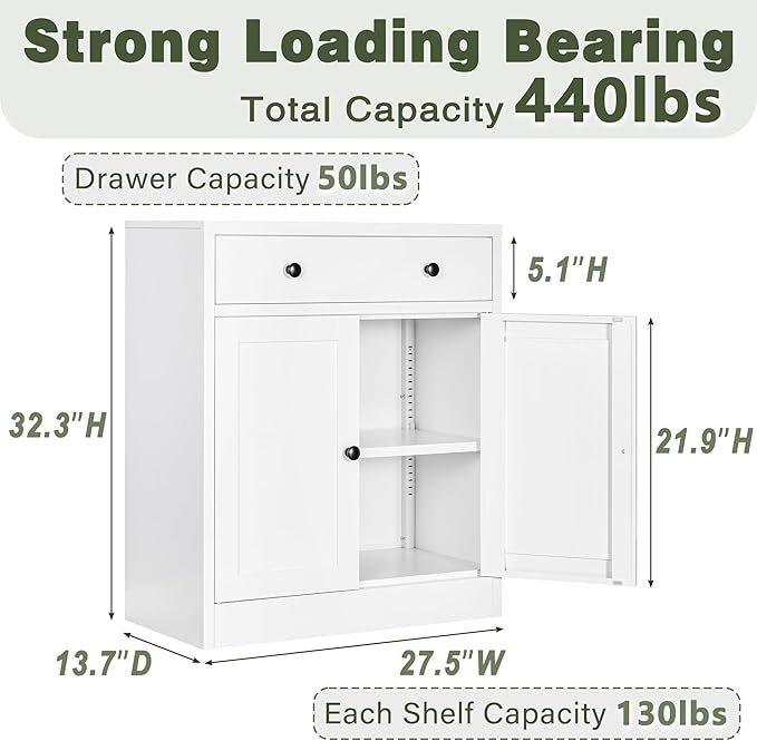 CJF Metal Pantry Cabinet, Coffee Bar Cabinet with Drawer & Adjustable Shelf, Sideboard Cabinets Kitchen Storage, Coffee Bar, Bathroom, Entryway, Home Office, Pantry-White
