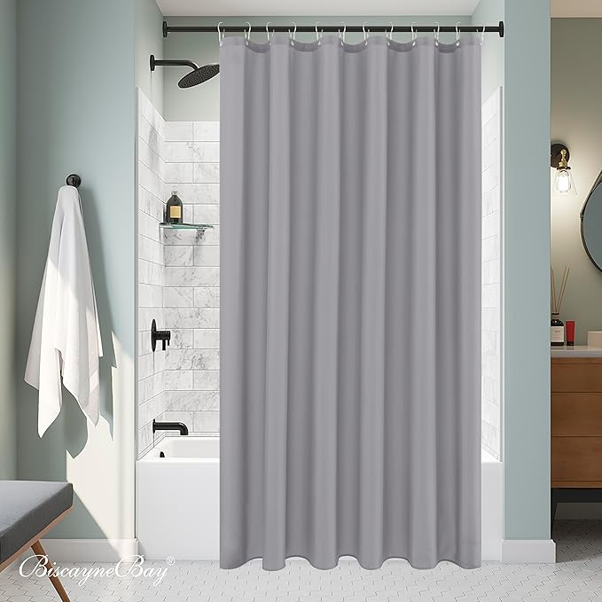 Biscaynebay Fabric Shower Curtain Short Stall Liners 72" Width by 65" Length, Silver Grey Water Resistant Bathroom Curtains, Rust Resistant Grommets Top Weighted Bottom Machine Washable