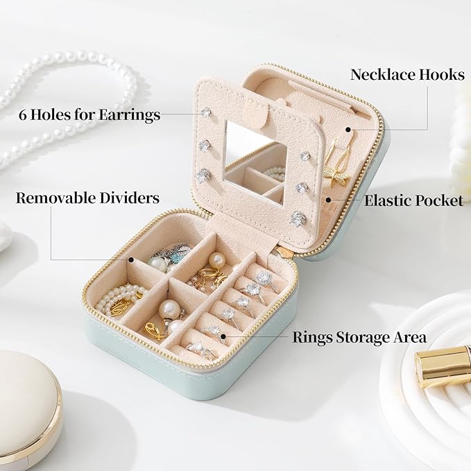 Genuine Leather Travel Jewelry Case Organizer with Mirror for Women, Small Jewelry Box Portable Mini Jewelry Case for Earring, Ring, Necklace, Bracelet(Pink)