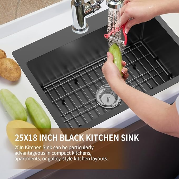 Black Kitchen Sink,25x18 Inch Kitchen Sink Stainless Steel Drop In Kitchen Sink Topmount Stylish and Modern Look Sink With Bottom Grid,Drain Basket And Drain Assembly Add Elegance & Enhance Usability