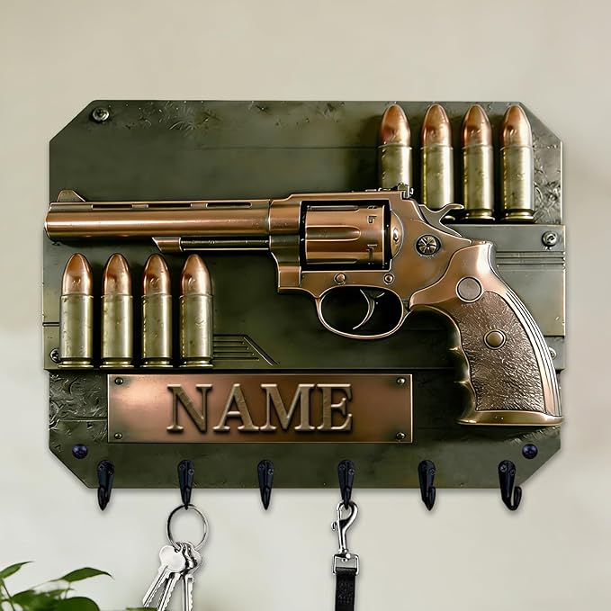 Custom Gun Bullet Themed Wall Hooks for Men Husband Grandpa Dad Personalized Name Pistol Bullet 2D Flat Print Gun Equipment Wall Mounted Key Rack Firearm-Themed Coat Holder for Bedroom Man Cave Carage