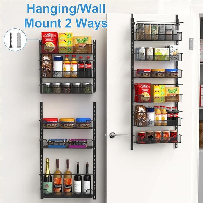 VyGrow Over the Door Pantry Organizer, 6-Tier Over the Door Organizer with Adjustable Basket, Pantry Door Organization for Pantry Kitchen Storage Room Spice Rack, Black