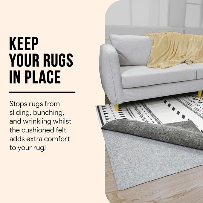 Non Slip Rug Pad 5x7 Feet, 4/25" Thick Felt Cushioned Rubber Rug Gripper Pad for Hardwood, Laminate, Stone, Tile, Wood, Vinyl Floors & Carpet, Anti Skid Under Area Rug Pads