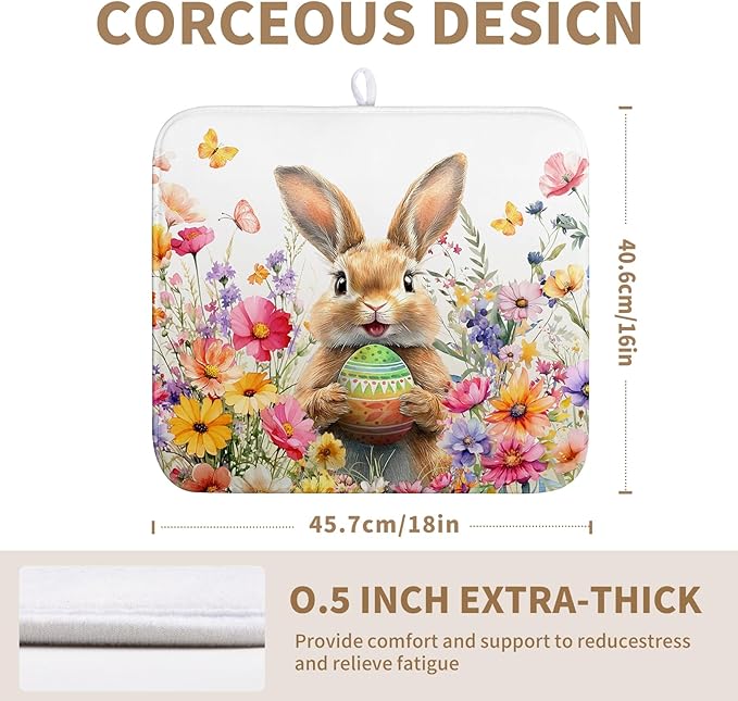 Spring Easter Dish Drying Mat for Kitchen Counter Easter Bunny Rabbit Eggs Flowers Dishes Drainer Mats 16x18 Microfiber Absorbent Medium Dish Drying Pad for Kitchen Countertop Tableware Decor