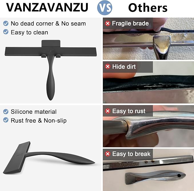 Shower Squeegee for Glass Doors, 11-Inch Silicone Squeegee with Non-Slip Handle and Adhesive Hook for Bathroom, Mirror, Tile, Car Window (Black)