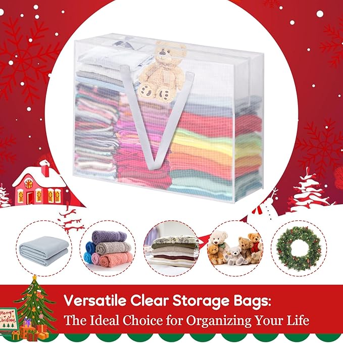 6PCS Christmas Wreath Storage Container, 25" Large Moving Bags Garland Container Clear Storage Bags with Handles Zippers Clear Christmas Storage Bags for Xmas Seasonal Holiday Wreath Storage Wrapping
