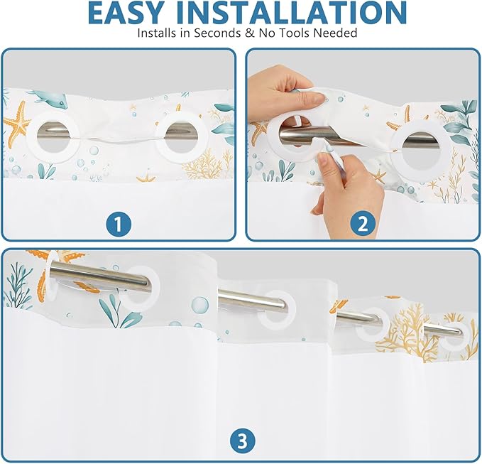 Hook-Free Ocean Shower Curtain with Translucent Top Window, Shower Curtain with Snap in Liner and Weighed Hem, Waterproof Bathroom Shower Curtains, Ocean Themed Bathroom Decor, 71x74 Inch