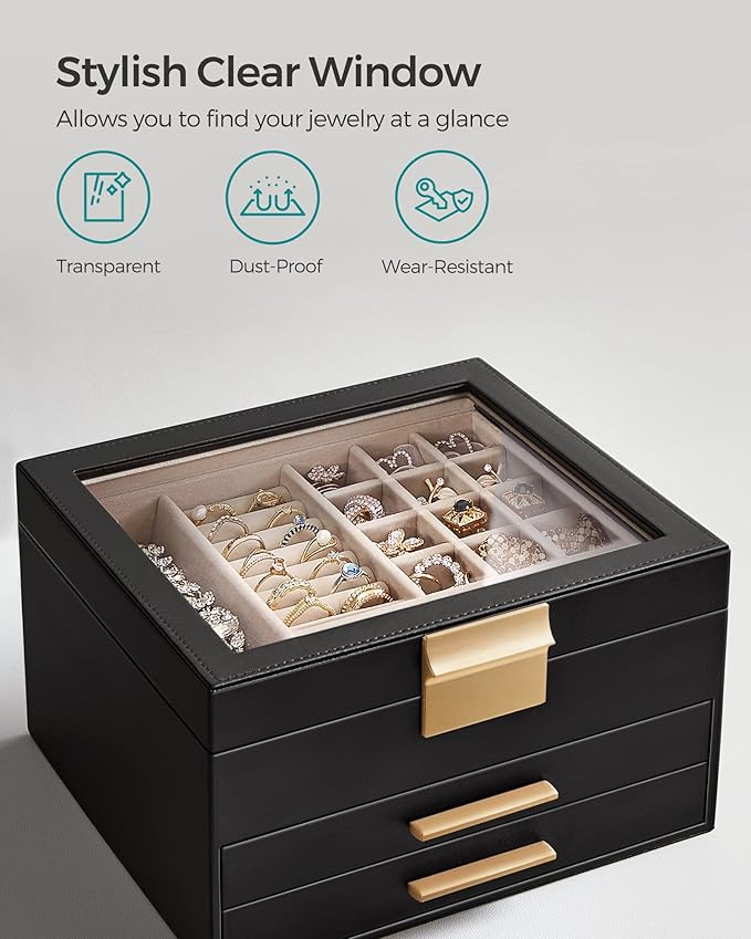 SONGMICS Jewelry Box Organizer with Glass Lid, 3-Layer Jewelry Storage, with 2 Drawers, Modern Style, 8 x 9.1 x 5.3 Inches, Graphite Black and Gold Color UJBC239B03