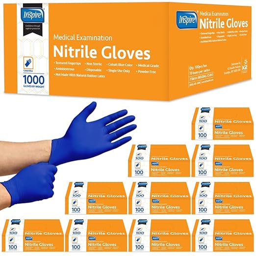 Inspire Black Nitrile Disposable Gloves | 4.5 Nitrile Safety Medical Exam Cooking Cleaning Disposable Black Gloves (Blue - Case of 1000, XL)