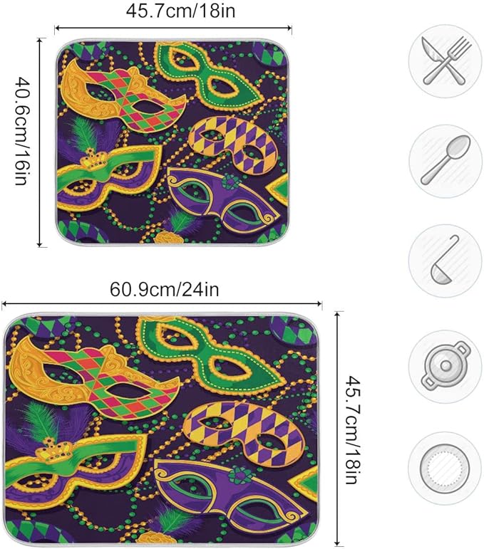 Mardi Gras Dish Drying Mat for Kitchen Mask Beads Confetti Masquerade Party Microfiber Drying Mats Absorbent Reversible Dish Pad Large Dish Draining Mat 18x24 inch