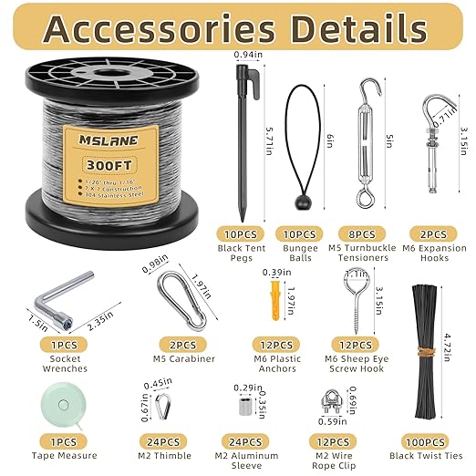 MSLANE 1/16" Black Wire Rope Kit 300FT 304 Stainless Steel Vinyl Coated with M5 Turnbuckles, 7x7 Strand Core Aircraft Cable for String Light, Picture Hanging, Clothesline, Curtain, and Plant Trellis